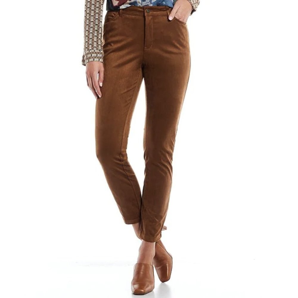 NWT John Mark Faux Suede 4-Pocket Skinny Leg Mid Rise Pants in Tobacco Sz. 16W
